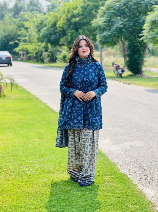 BERRY 3PC SUIT WITH FARSHI SHALWAR STITCHED FOR GIRLS