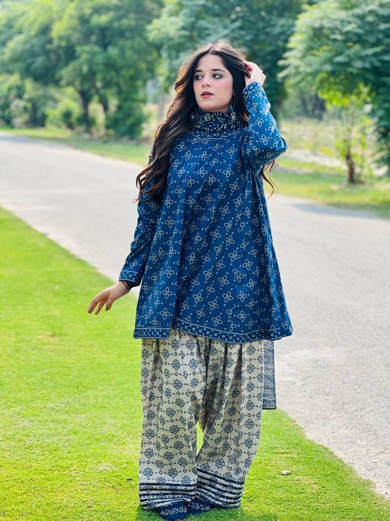 BERRY 3PC SUIT WITH FARSHI SHALWAR STITCHED FOR GIRLS