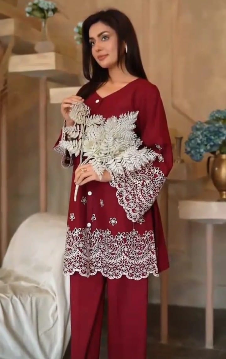 MAROON EMB CO-ORD SET STITCHED FOR GIRLS