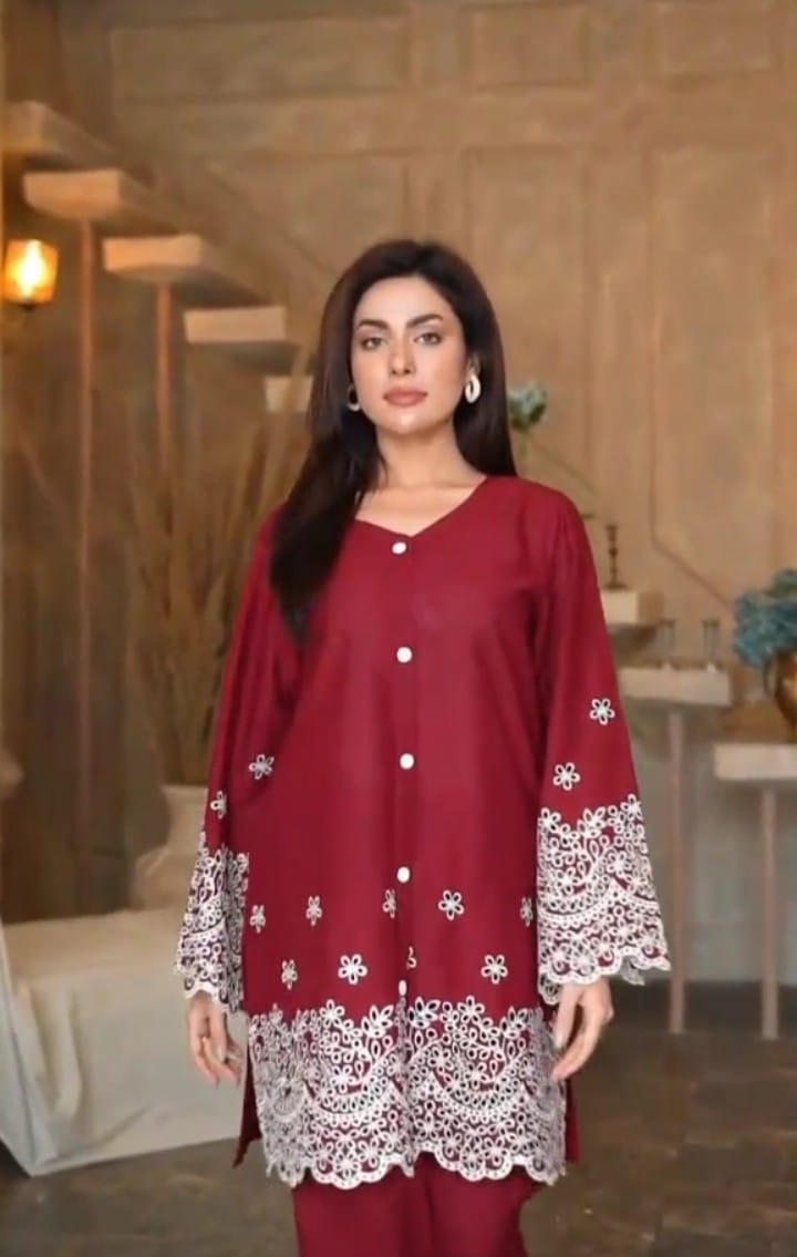 MAROON EMB CO-ORD SET STITCHED FOR GIRLS